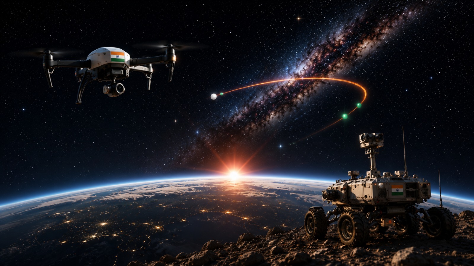 Rover and drone in orbit above Earth